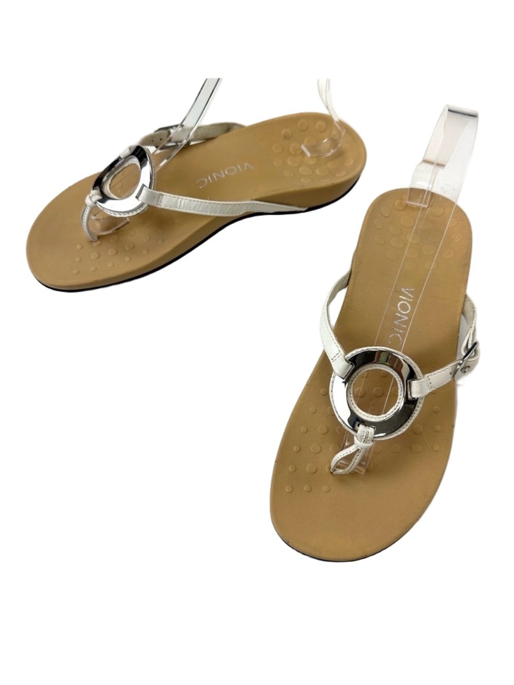 Vionic Karina white thong sandal Size 9 silver O ring Summer Orthotic support